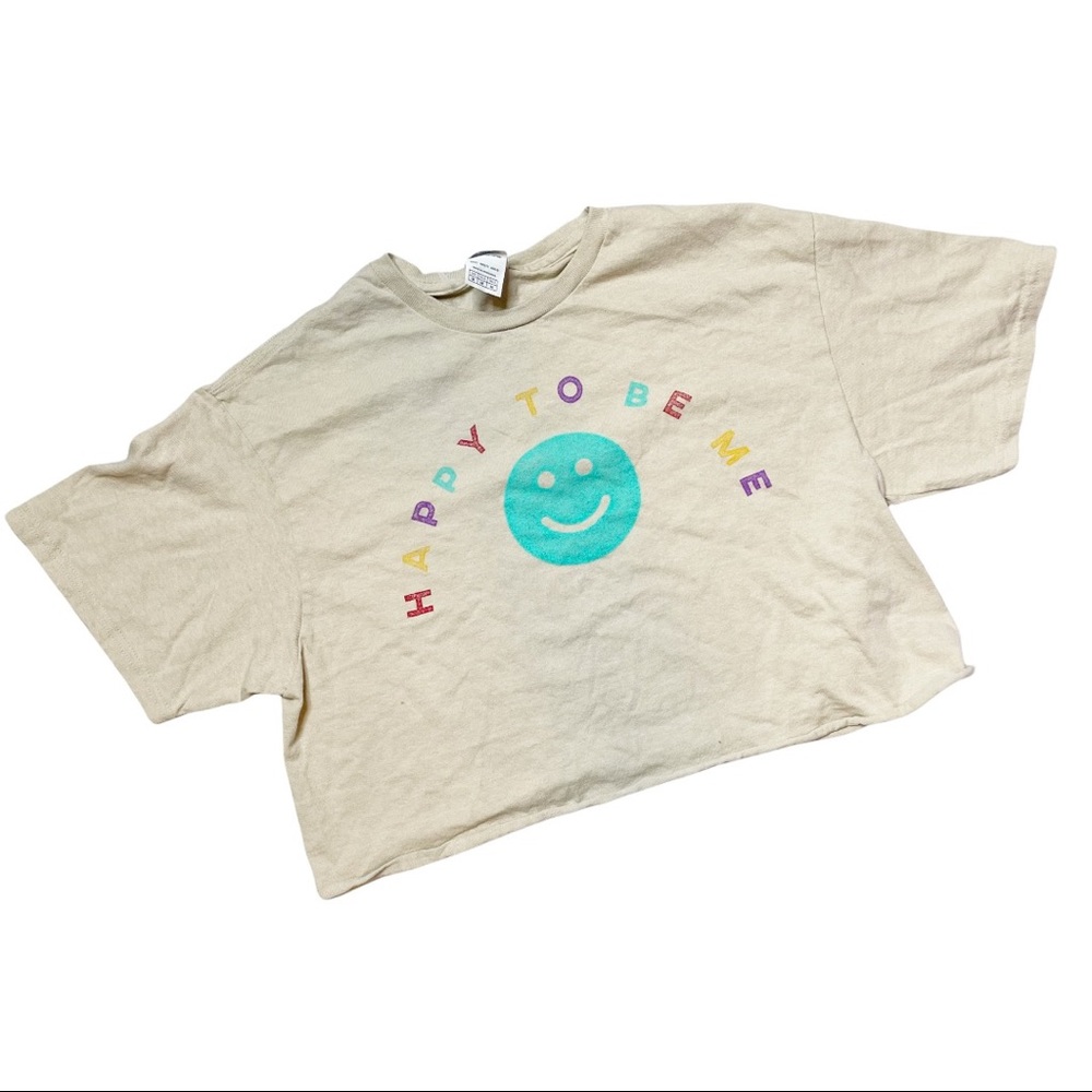 Vintage Cream Crop Top with Turquoise Smiley and Rainbow Text